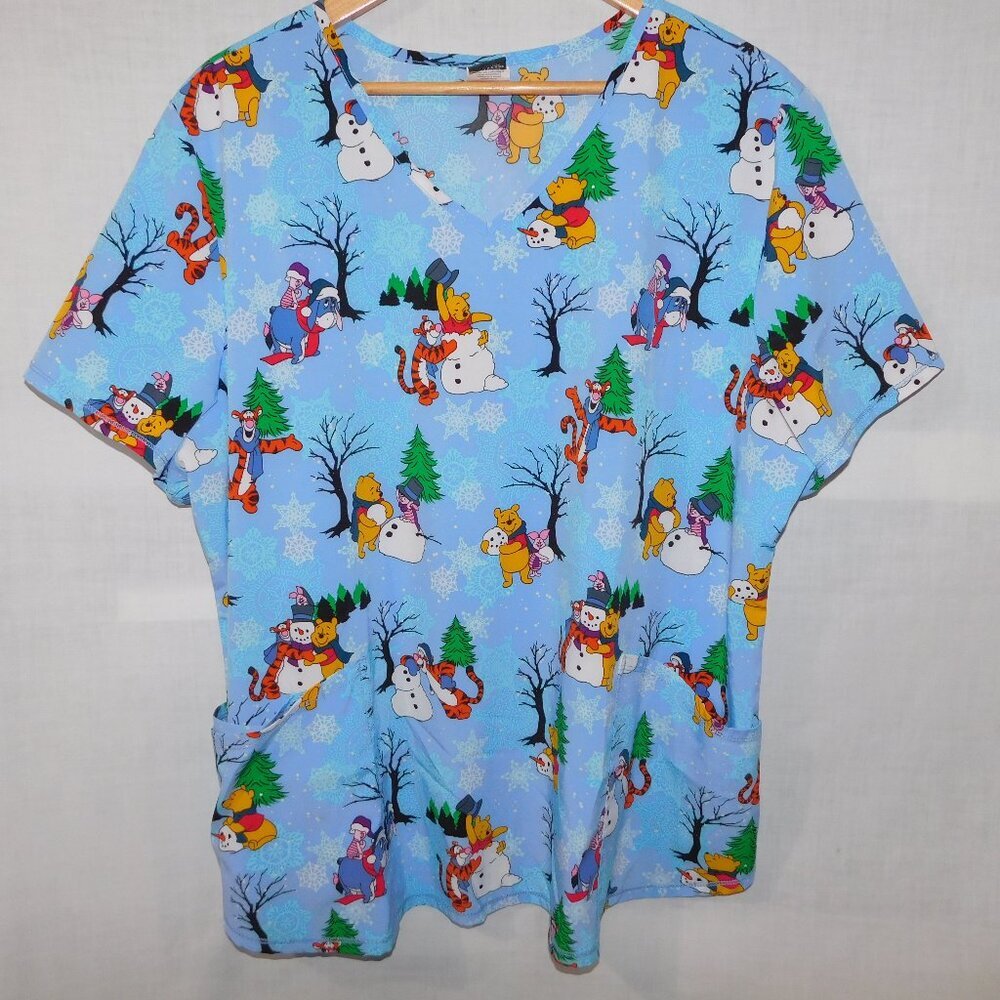 Disney Winnie the Pooh & Friends Winter blue Theme Snowman Womens 2XL Scrub Top
